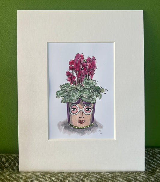 A6 mini original watercolour and ink pen illustration of a cyclamen in a face plant pot with purple hair