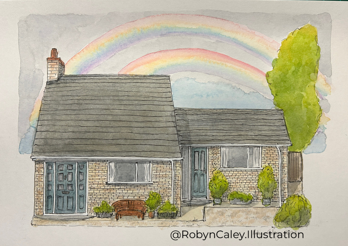 A5 house portrait painting of a bungalow with a double rainbow