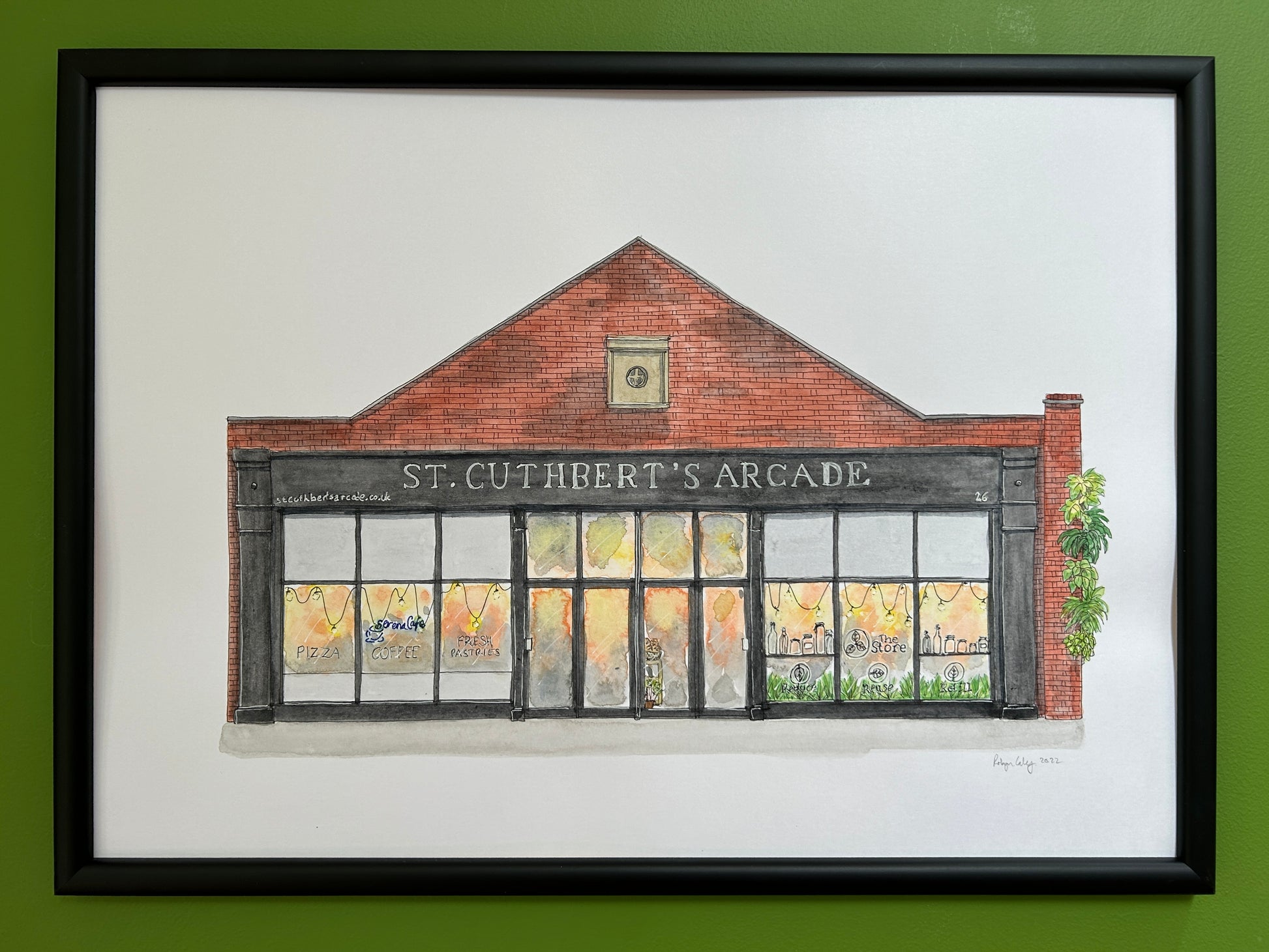 Original A3 watercolour and ink pen illustration of St Cuthberts Arcade on St Cuthberts Street, Bedford