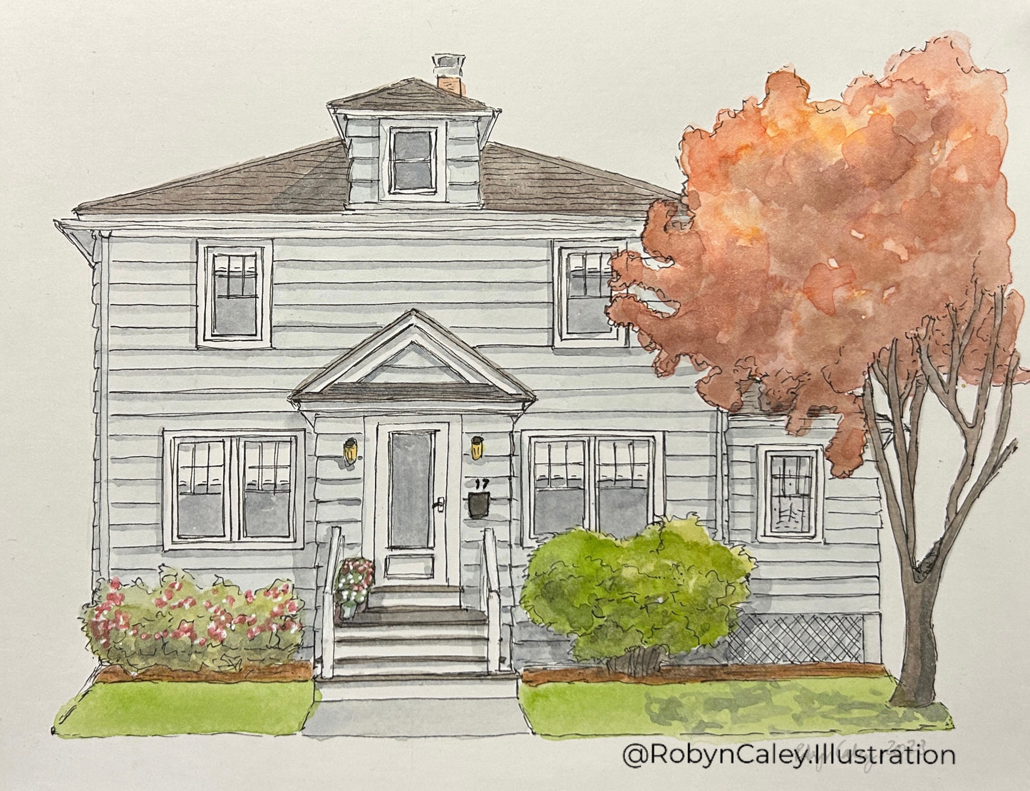 A5 house portrait painting of an elegant Massachusetts clapboard home