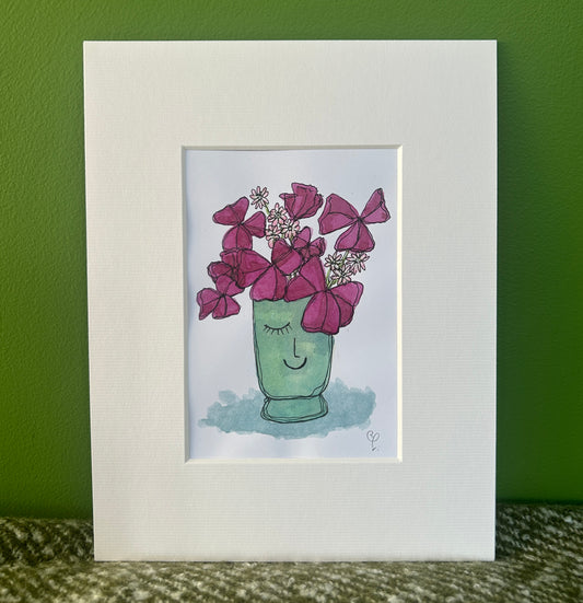 A6 mini original watercolour and ink pen illustration of a purple oxalis plant in a green ceramic face pot