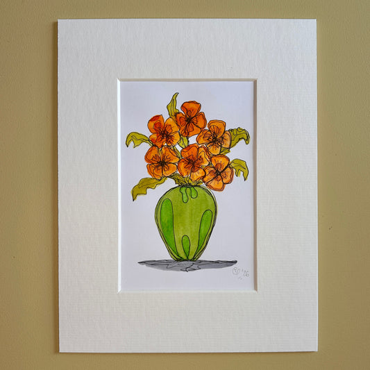 Poppies in a Green Vase | A6 mini painting