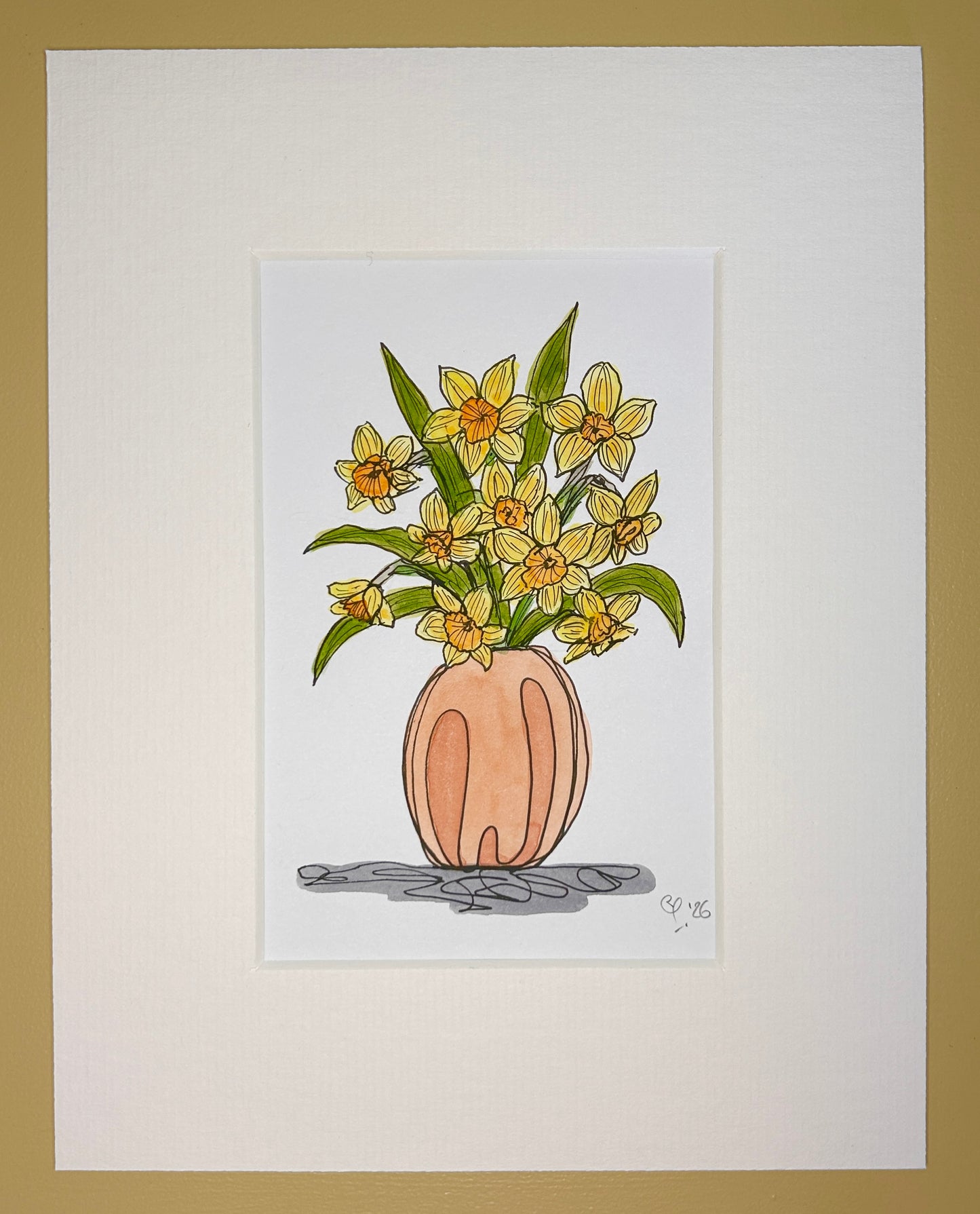 Daffodils in a Peach Vase | A6 mini painting