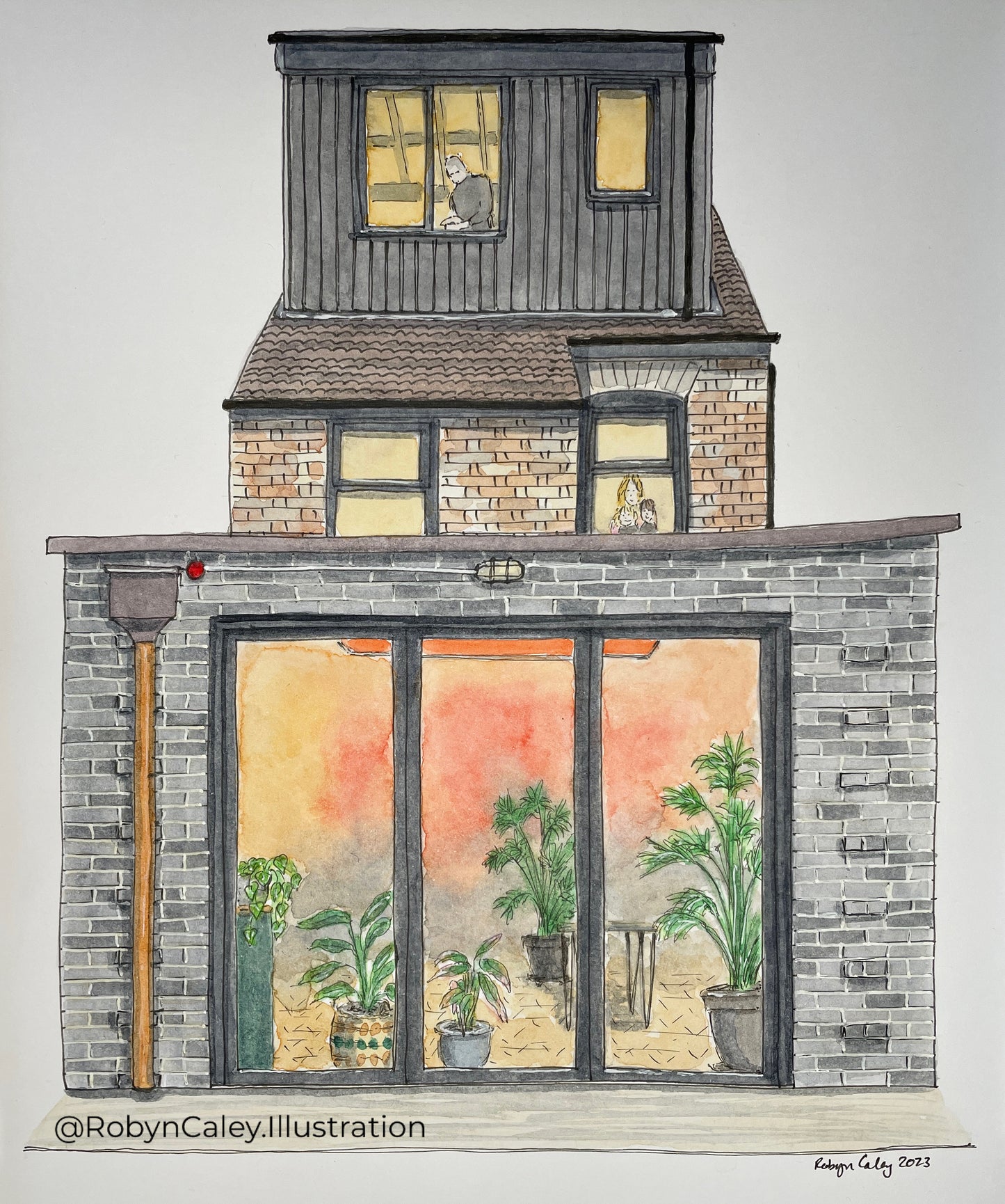 A5 house portrait painting of the lovely rear elevation of a Castle Quarter house in Bedford