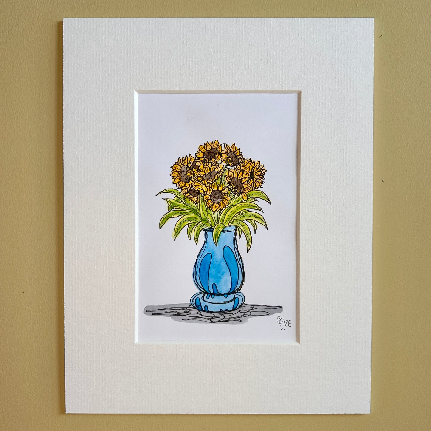 Sunflowers & Stripy Leaves #3 | A6 mini painting