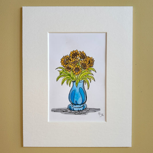 Sunflowers & Stripy Leaves #3 | A6 mini painting