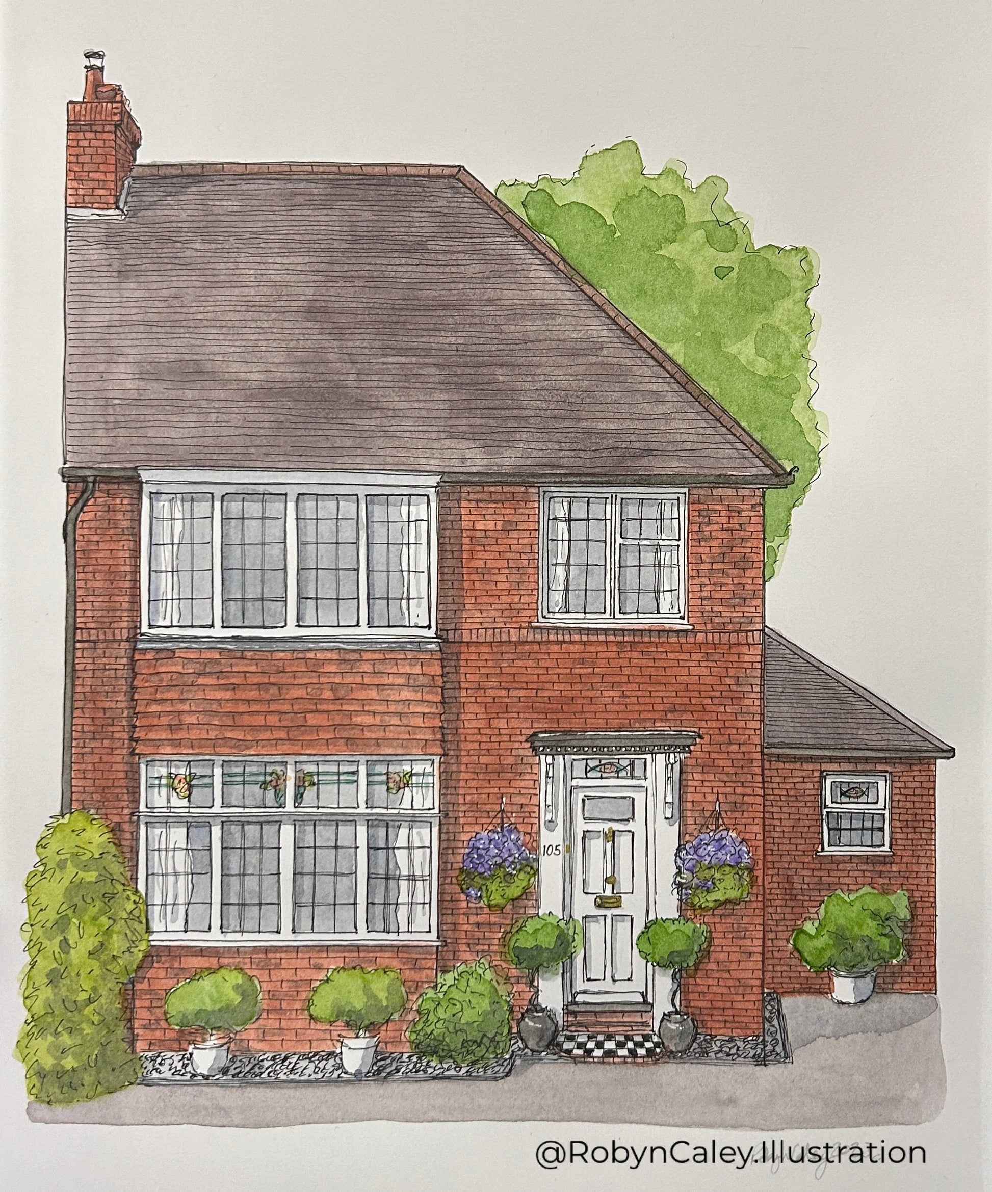 A4 house portrait painting of a lovely semi-detached 1930s home on Kimbolton Road in Bedford 