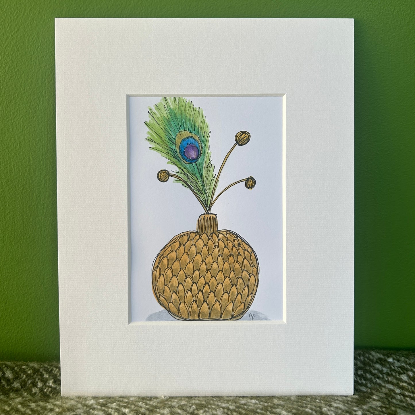 Ochre Vase & Peacock Feather | A6 mini painting
