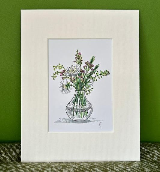 An A6 (postcard sized) watercolour and ink pen illustration of a pretty bouquet in a crystal vase.