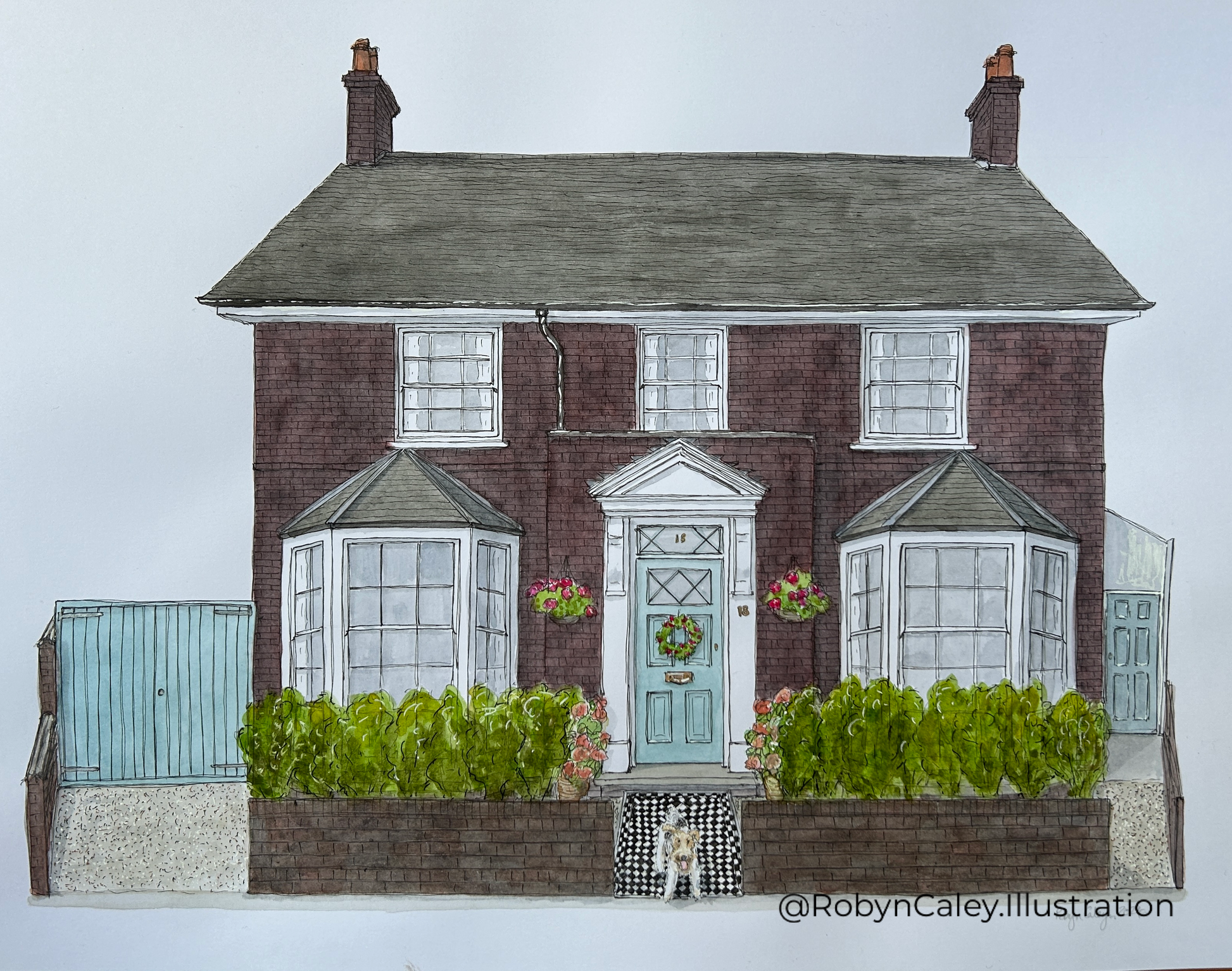 A3 house portrait painting of a lovely double fronted, dark-bricked home with family pet dog 