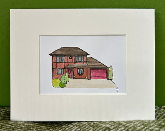 A6 mini original watercolour and ink pen illustration of a 1990s style house