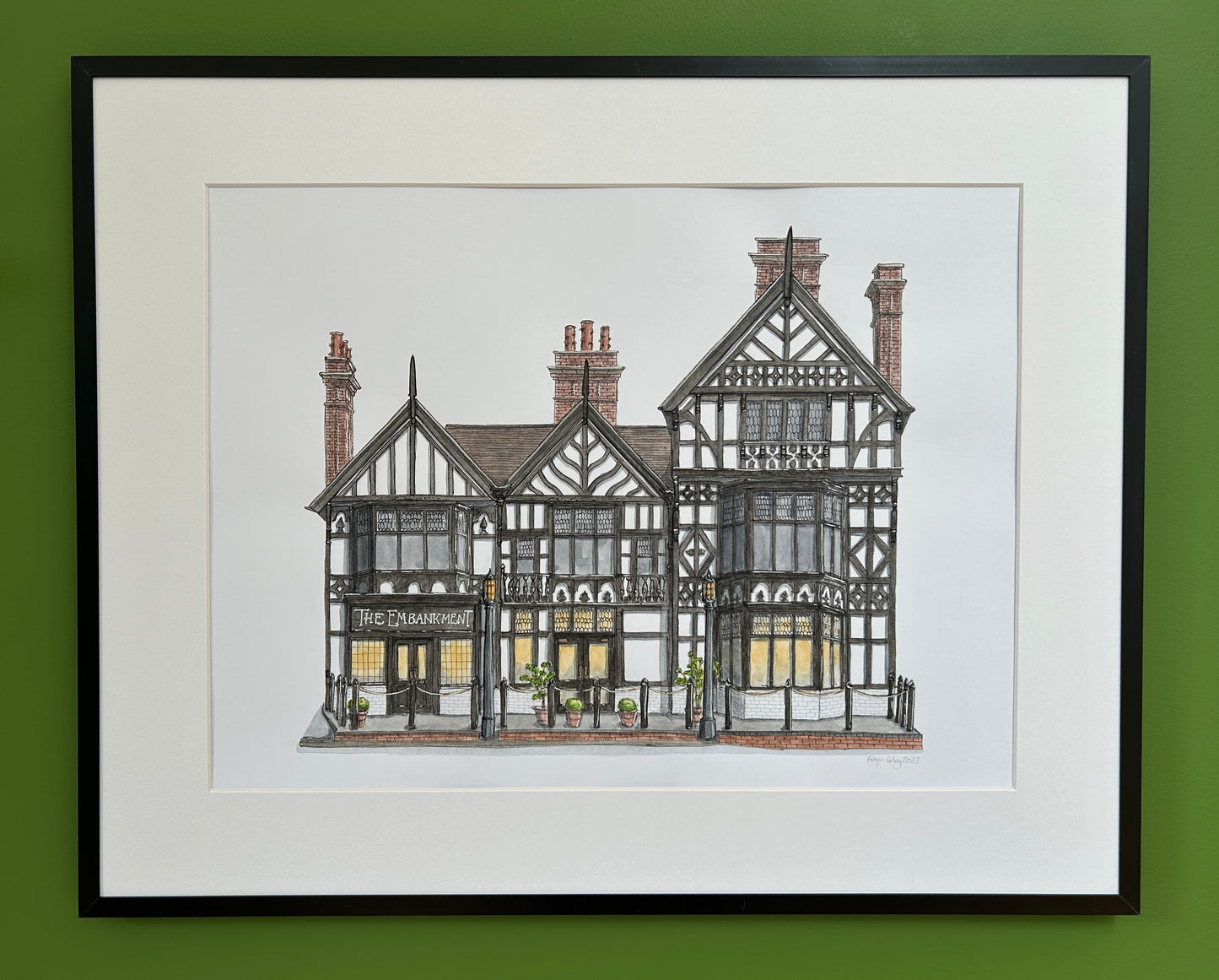 Original A3 watercolour and ink pen illustration of The Embankment Hotel, Bedford