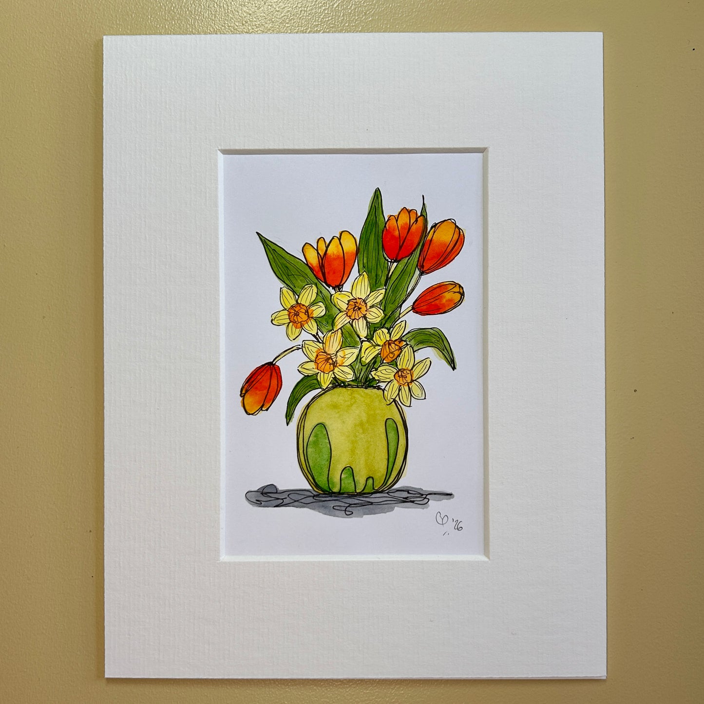 Tulips & Daffodils in a Green Vase | A6 mini painting