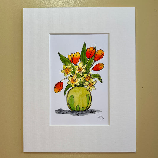 Tulips & Daffodils in a Green Vase | A6 mini painting