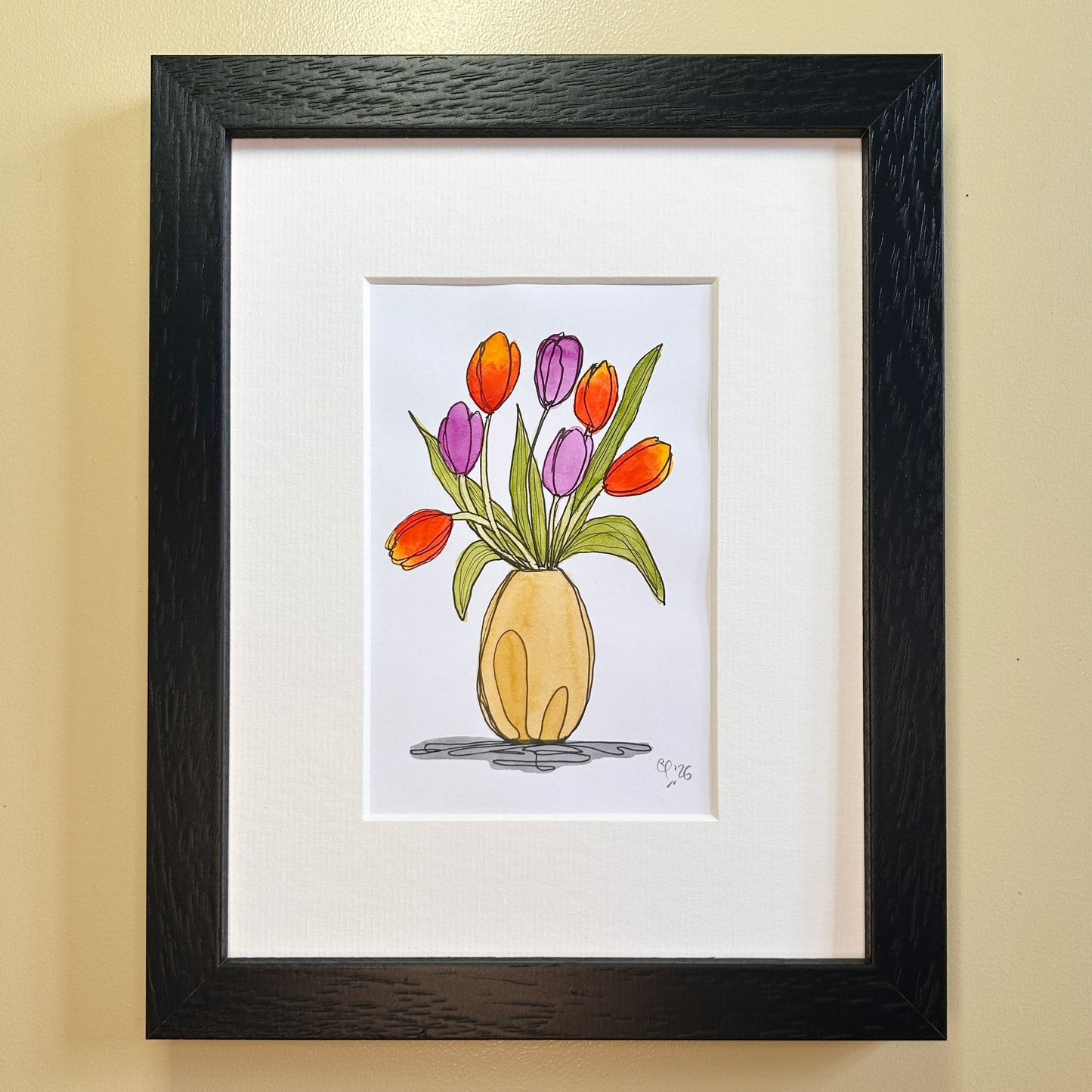 Tulips in an Ochre Vase | A6 mini painting