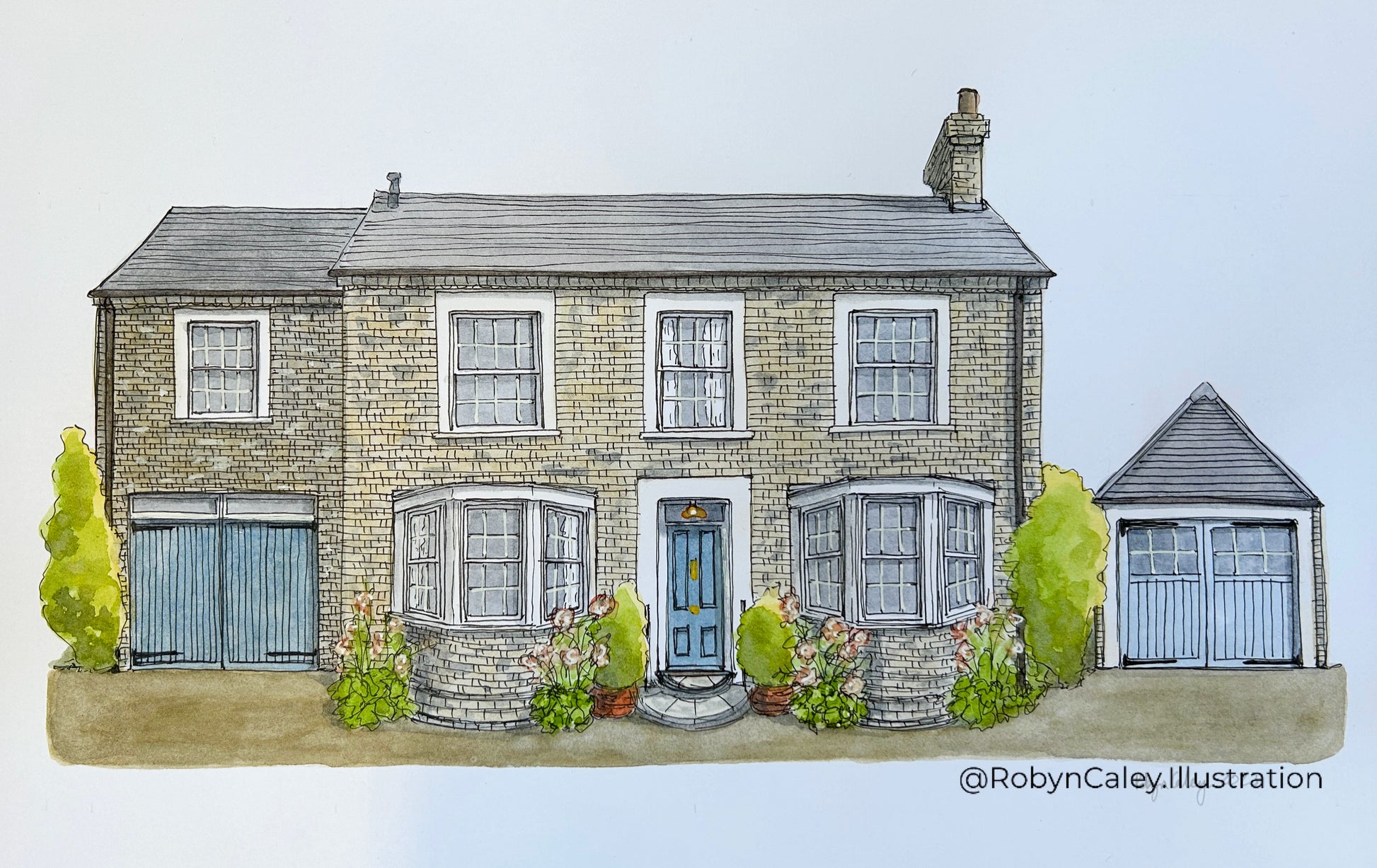 A3 house portrait painting of a beautiful double fronted home in Bedford’s Castle Quarter