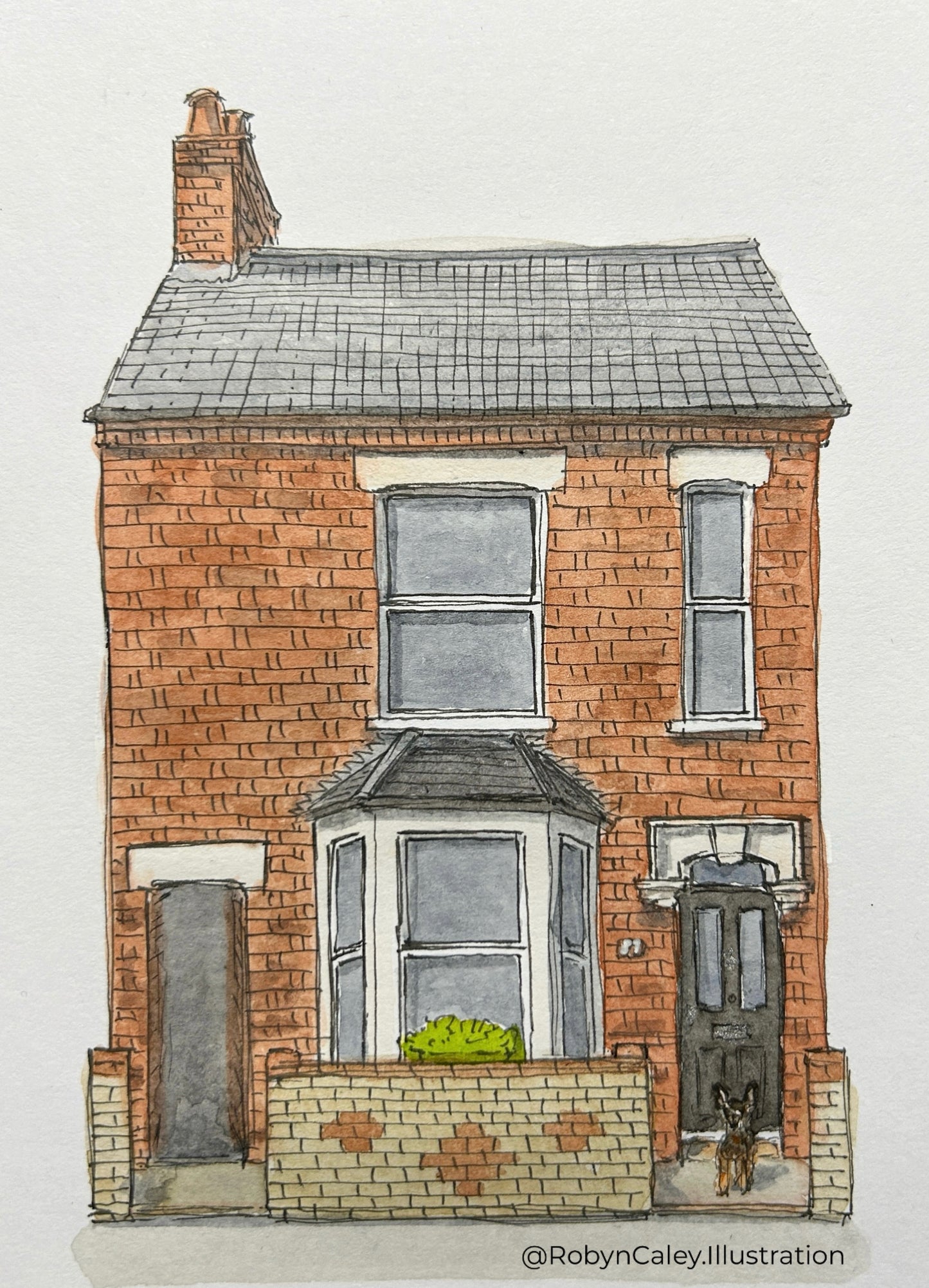 A6 mini original watercolour and ink pen illustration of a lovely Bedford home, featuring the family dog