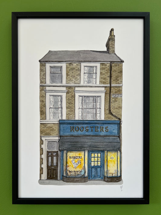 A4 print of Roosters cafe on St Cuthberts Street, Bedford