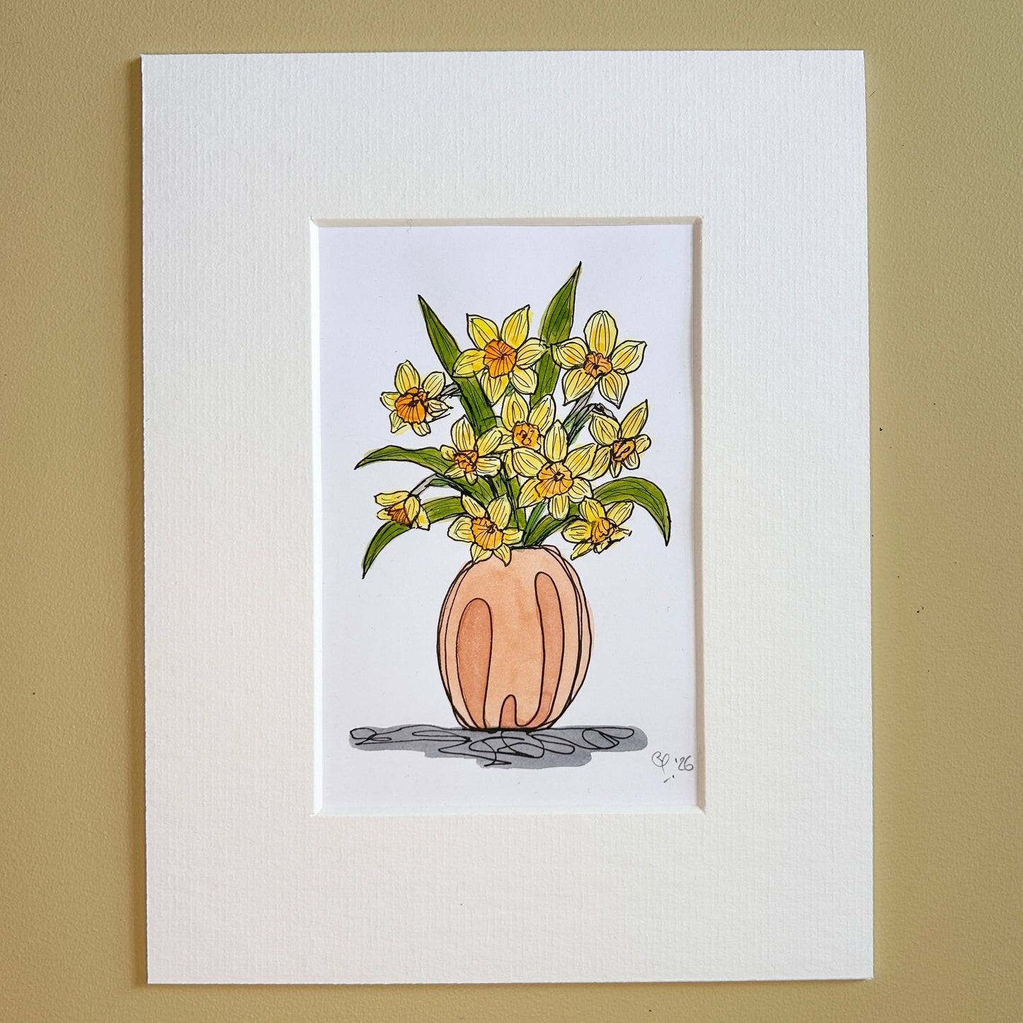 Daffodils in a Peach Vase | A6 mini painting