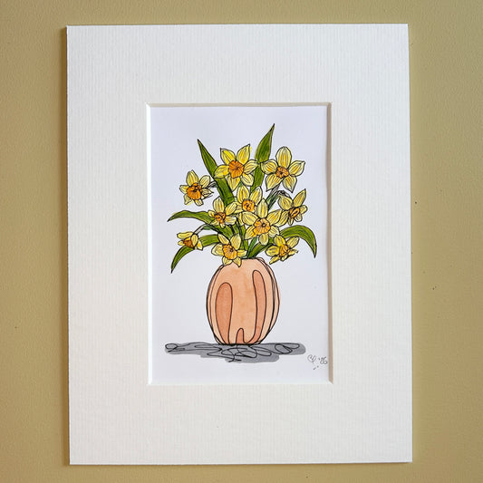 Daffodils in a Peach Vase | A6 mini painting