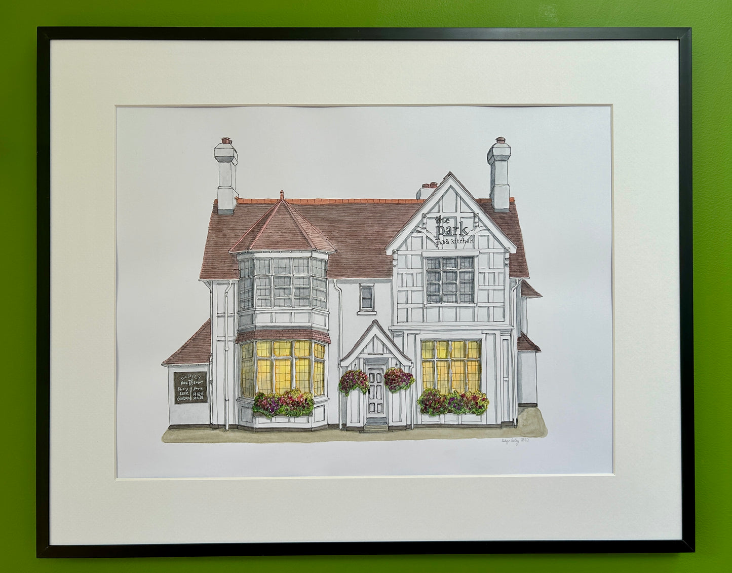 Original A3 watercolour & ink pen illustration of The Park pub & kitchen on Kimbolton Road, Bedford