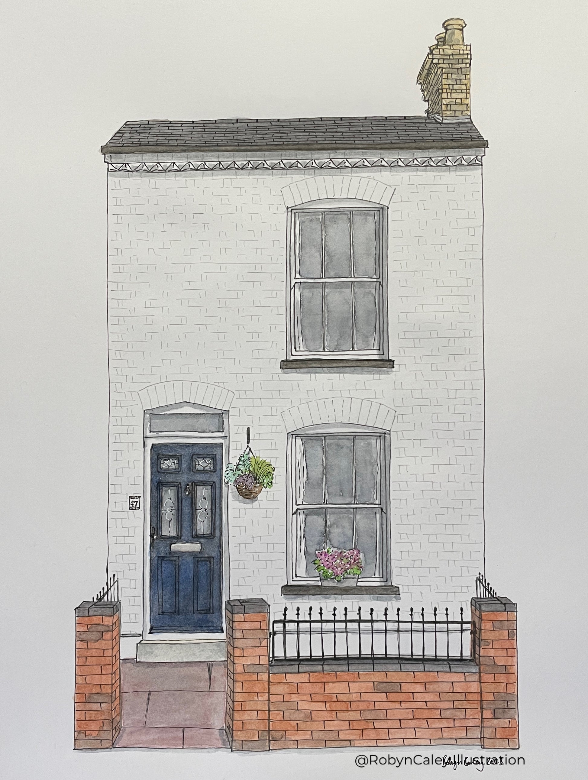 A4 house portrait painting of a white Victorian terraced home in Bedford’s Castle Quarter