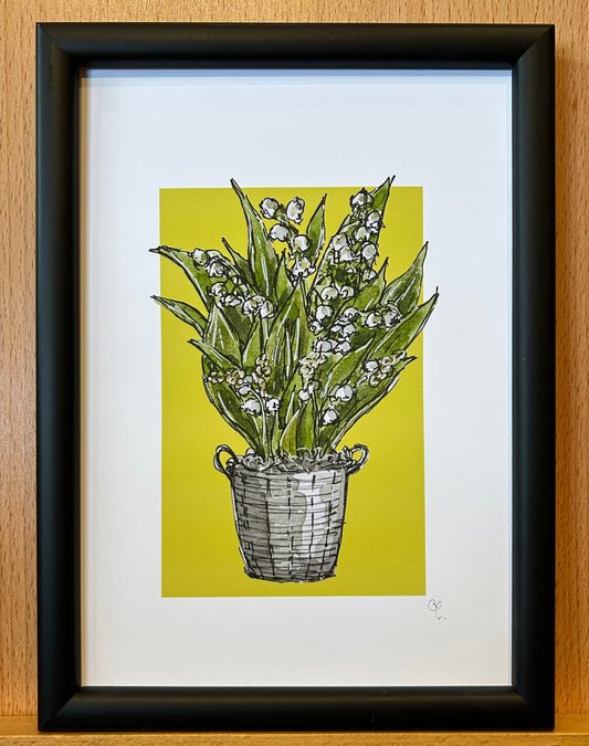 A5 print of a lily-of-the-valley plant on a lime green background 