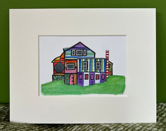 A6 mini original watercolour and ink pen illustration of an incredible multi-coloured house