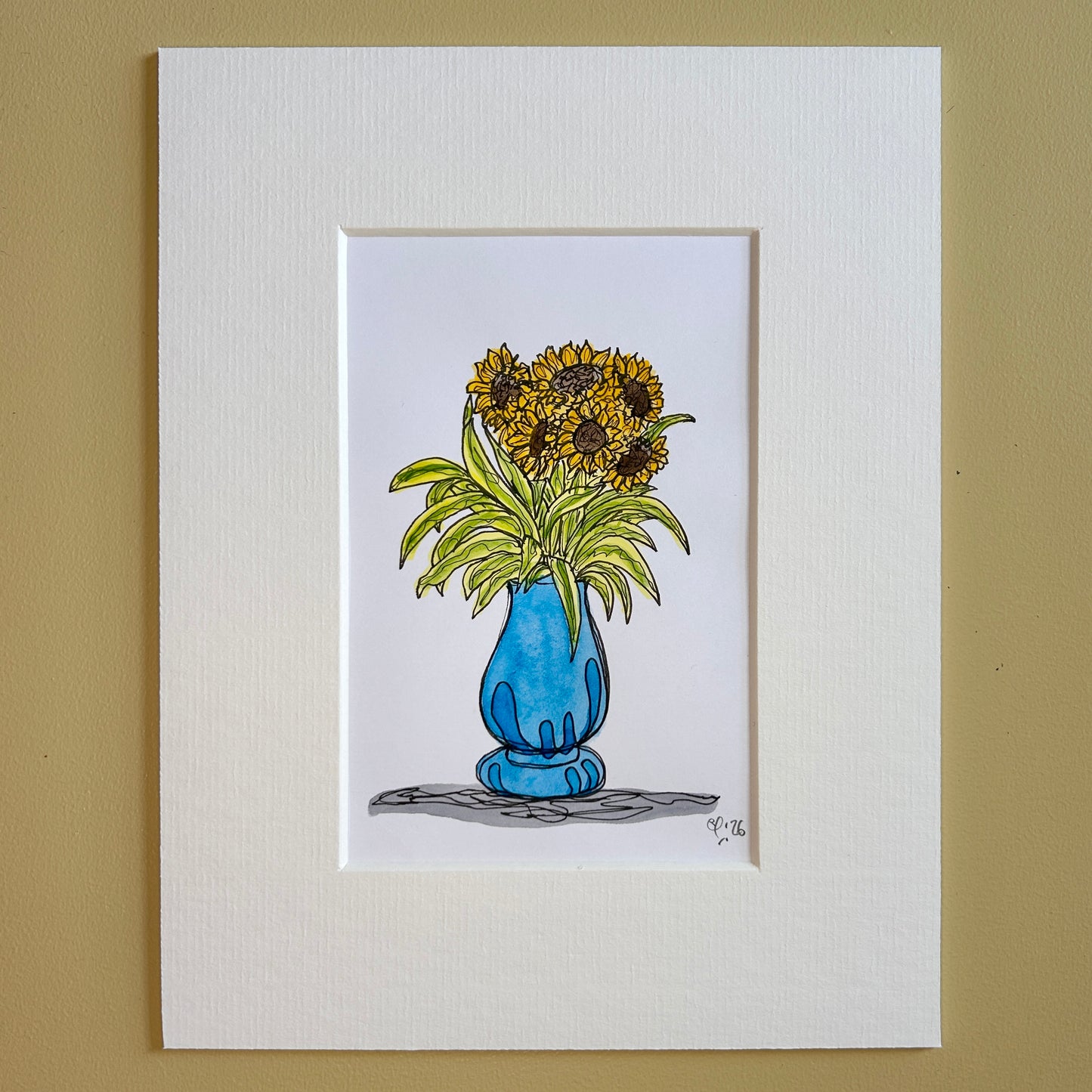 Sunflowers & Stripy Leaves #1 | A6 mini painting