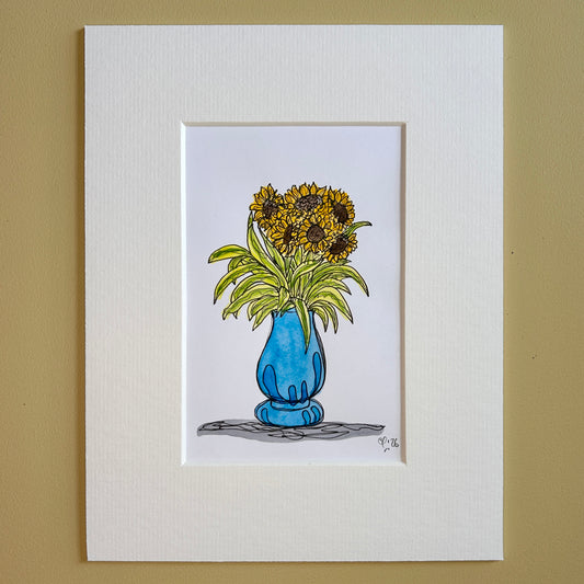 Sunflowers & Stripy Leaves #1 | A6 mini painting