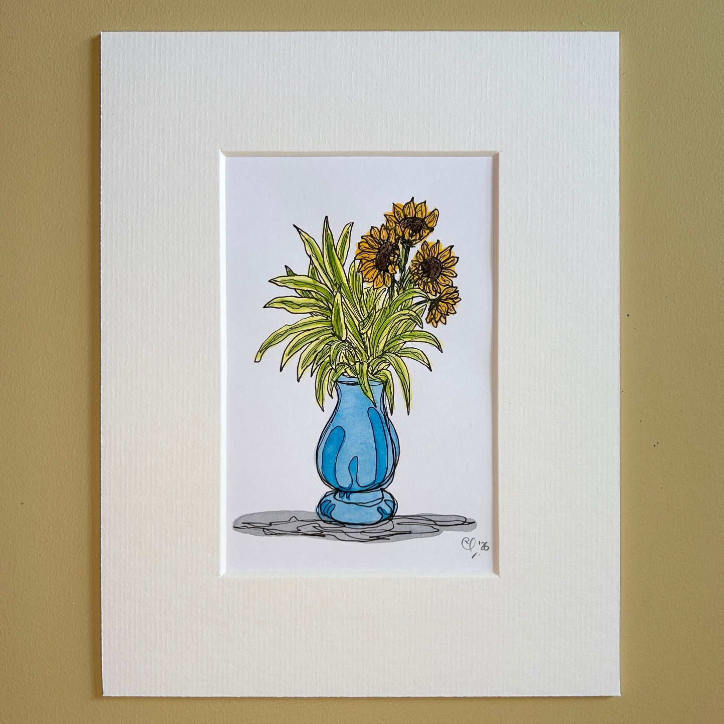 Sunflowers & Stripy Leaves #4 | A6 mini painting