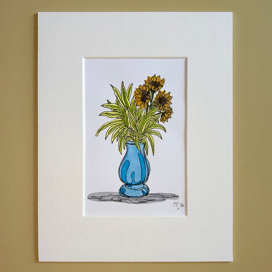 Sunflowers & Stripy Leaves #4 | A6 mini painting