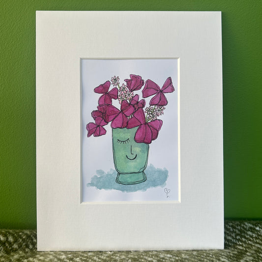 Oxalis in a Green Face Pot | A6 mini painting