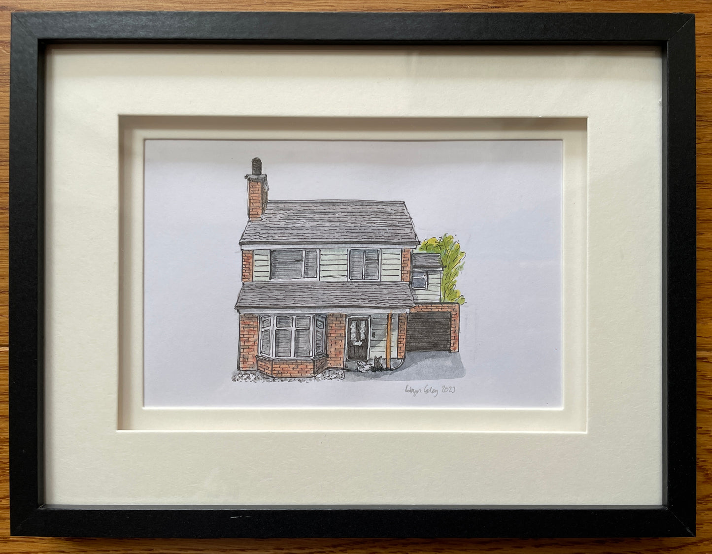 A6 mini original watercolour and ink pen illustration of a Bedford home featuring the 2 family cats