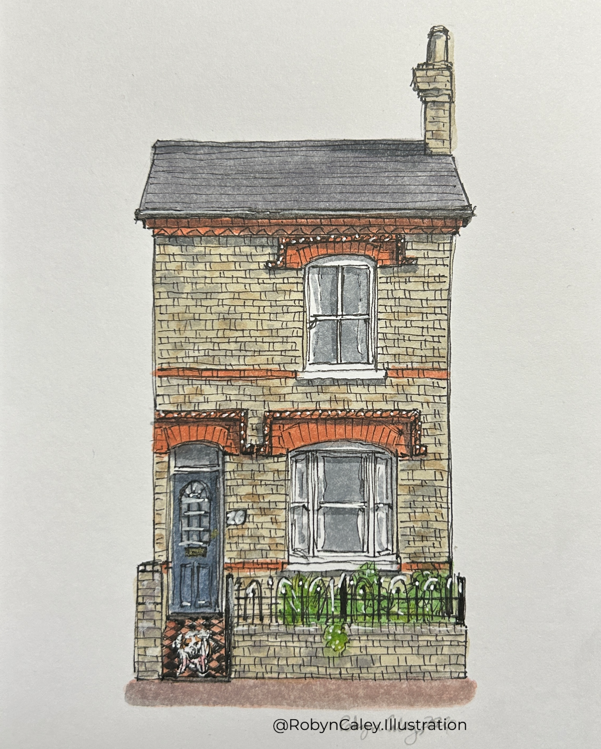 A6 mini original watercolour and ink pen illustration of a home in the Black Tom area of Bedford, featuring the family dog