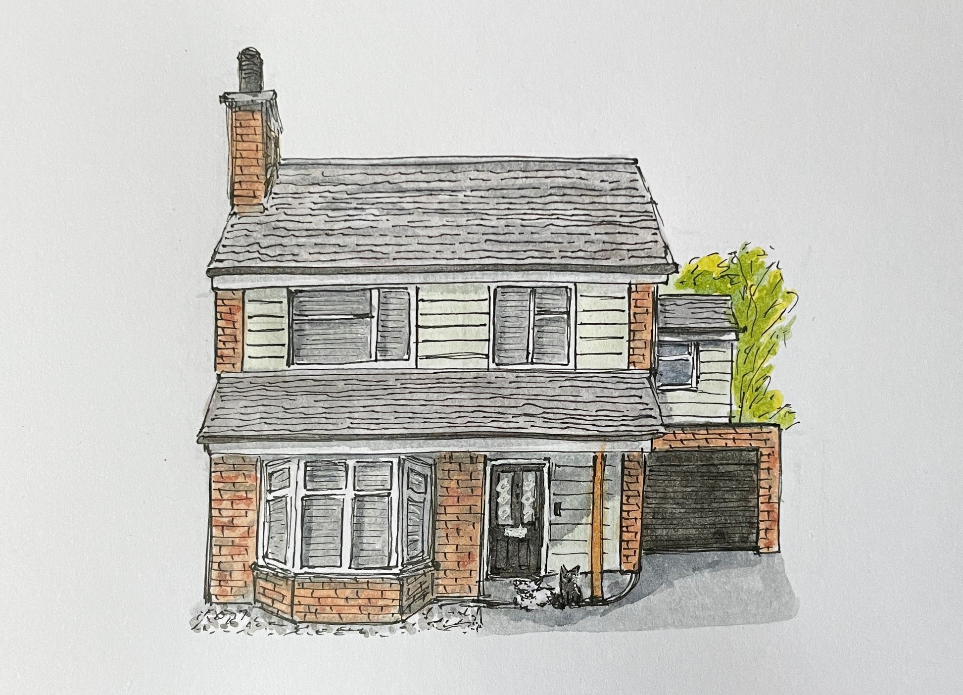 A6 mini original watercolour and ink pen illustration of a Bedford home featuring the 2 family cats