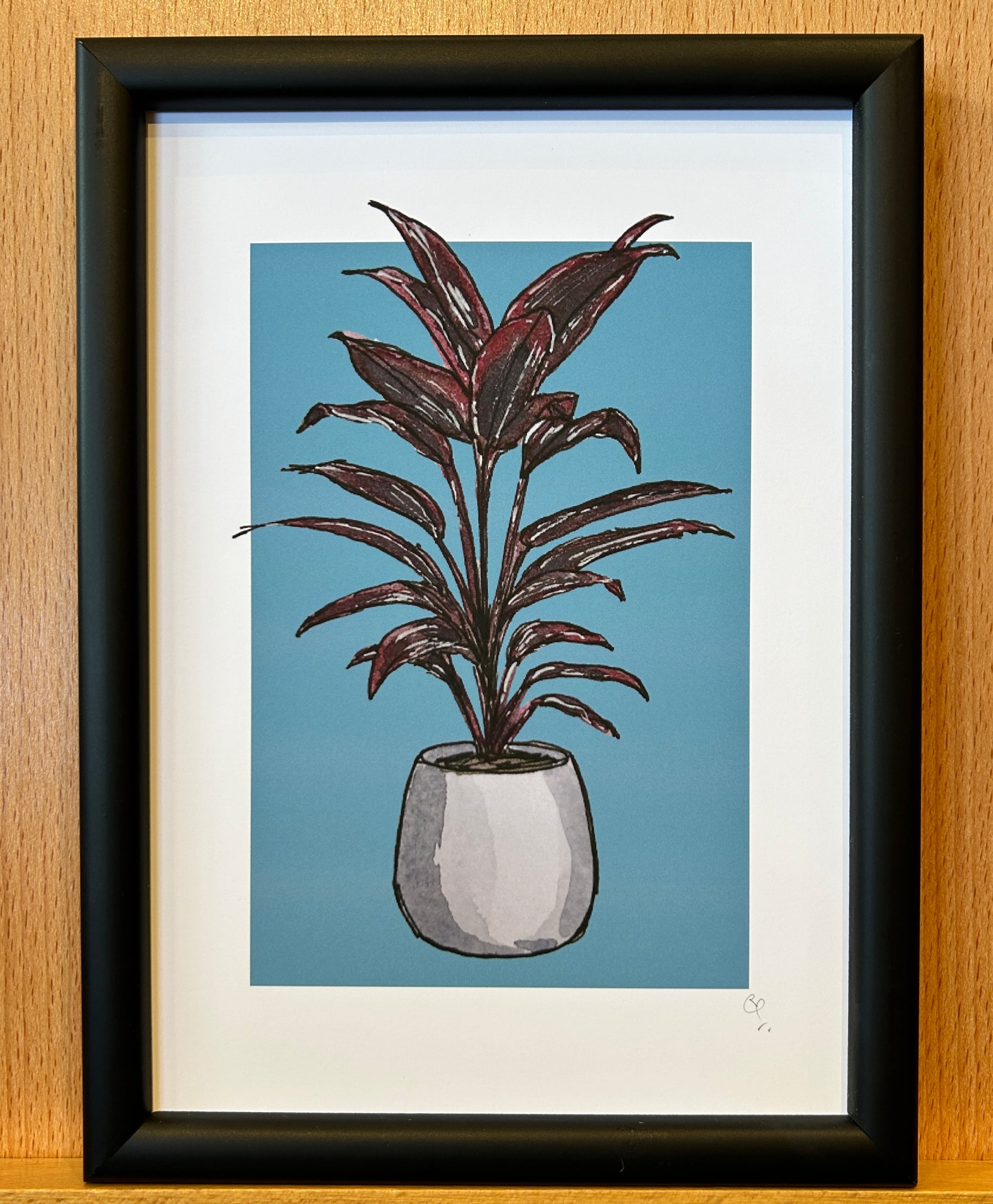 A5 print of a Ti plant on a dusky turquoise background 