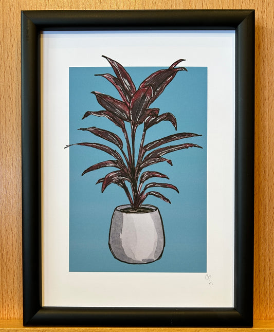 A5 print of a Ti plant on a dusky turquoise background 