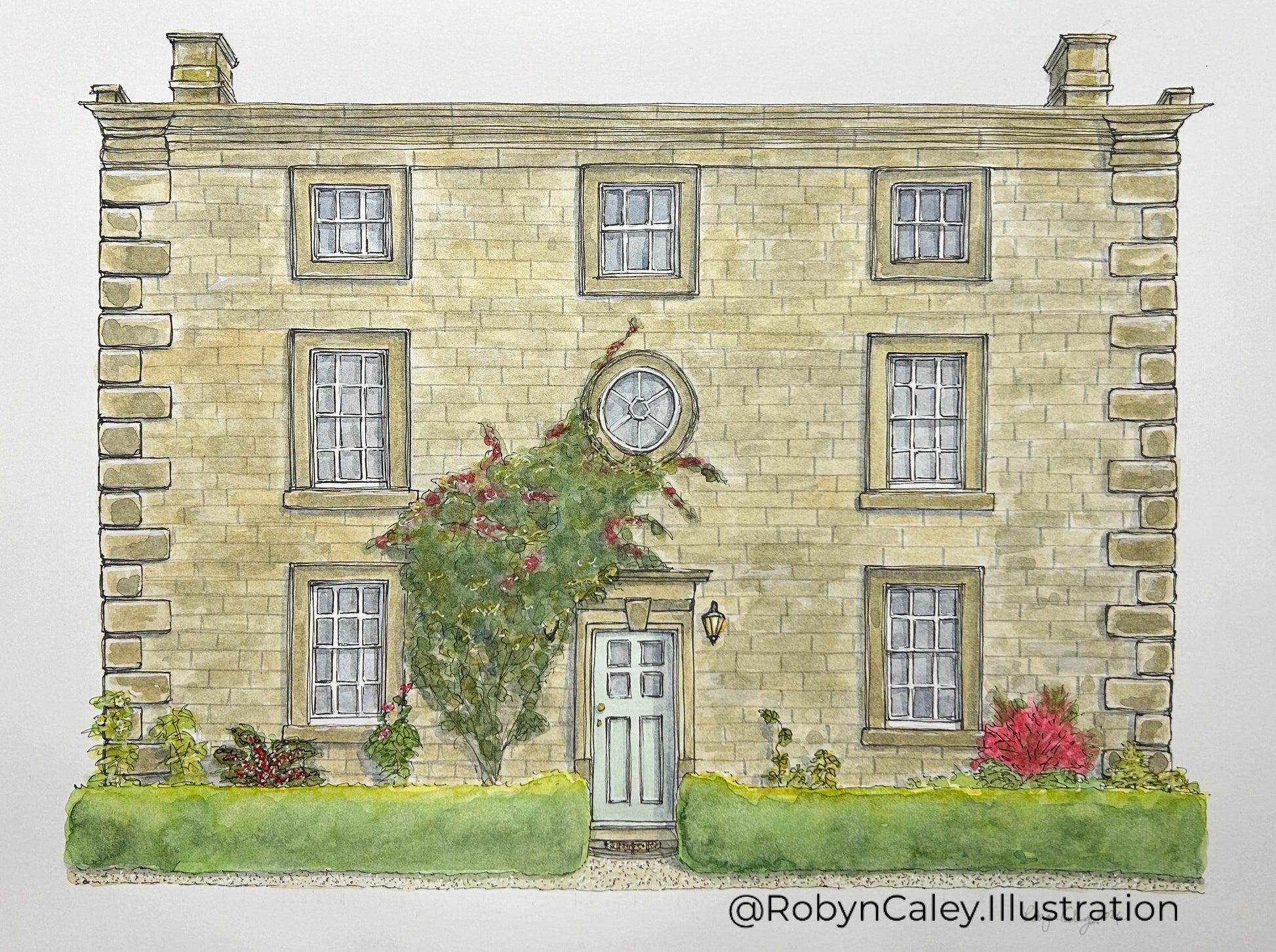 A4 house portrait painting of the utterly charming Bradley Hall in Matlock in the Peak District