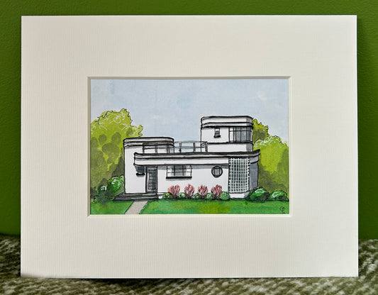 A6 mini original watercolour and ink pen illustration of a splendid Art Deco house