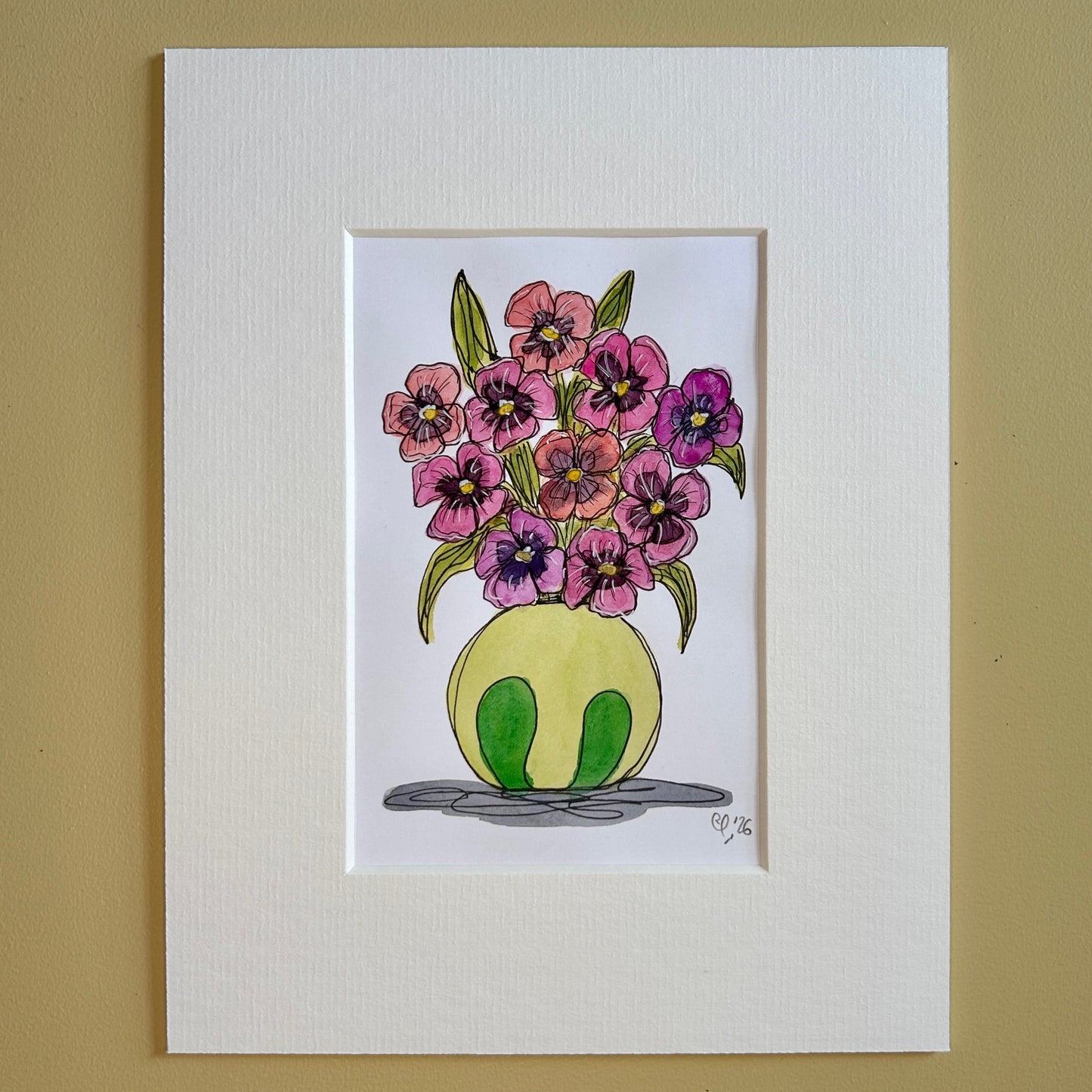 Pink Pansies in a Green Vase | A6 mini painting