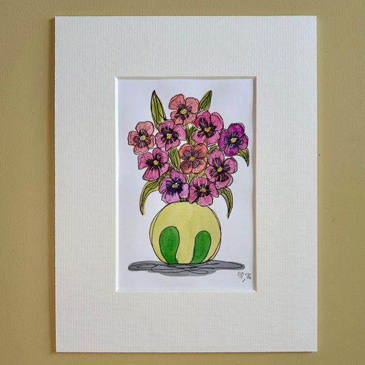 Pink Pansies in a Green Vase | A6 mini painting