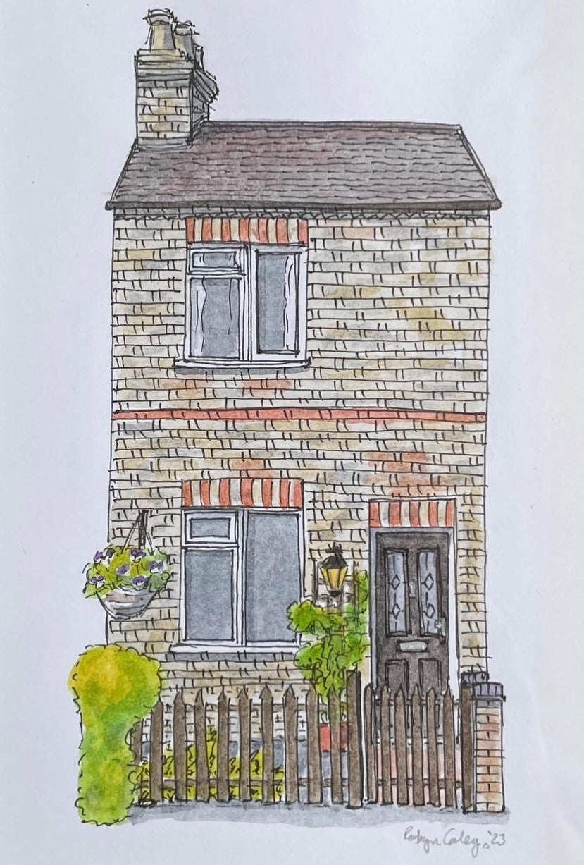 A6 mini original watercolour and ink pen illustration of a home in the Black Tom area of Bedford