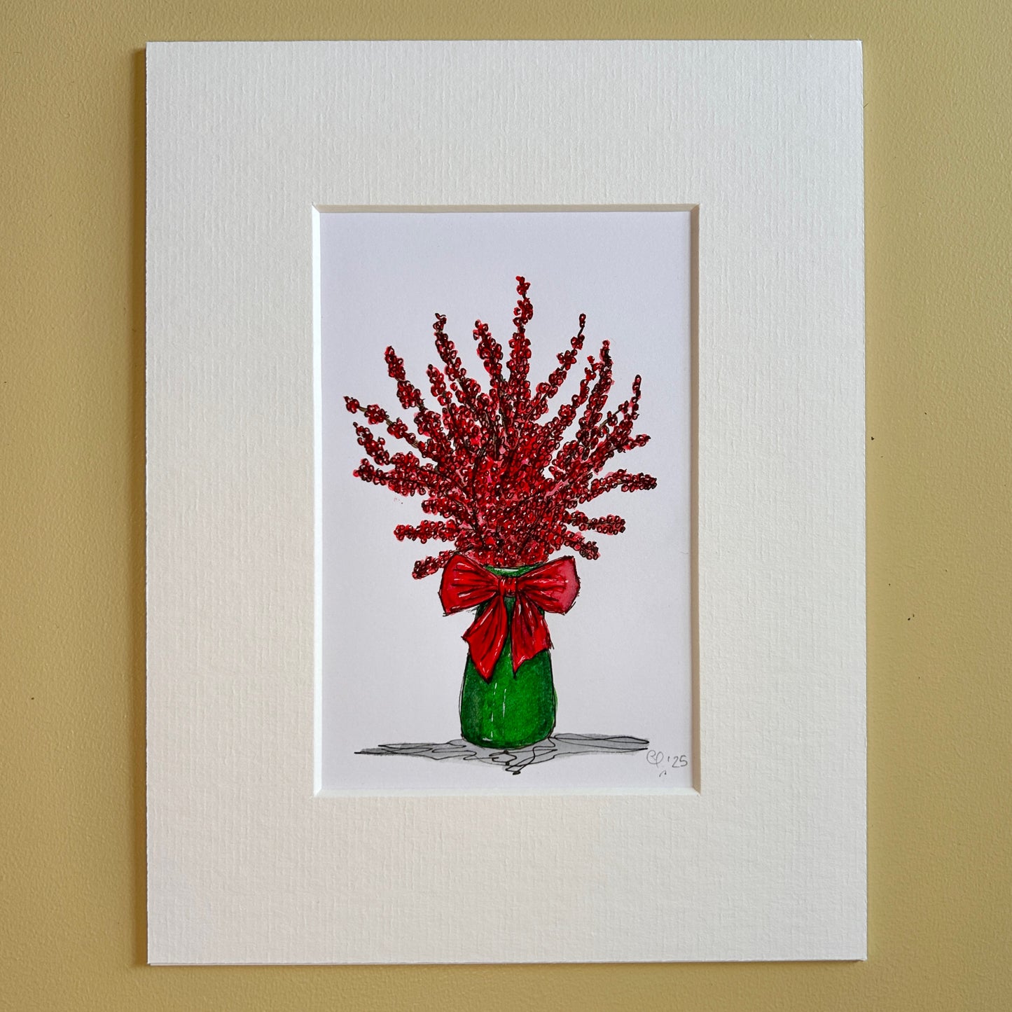 Ilex, Green Vase, Red Bow | A6 mini painting