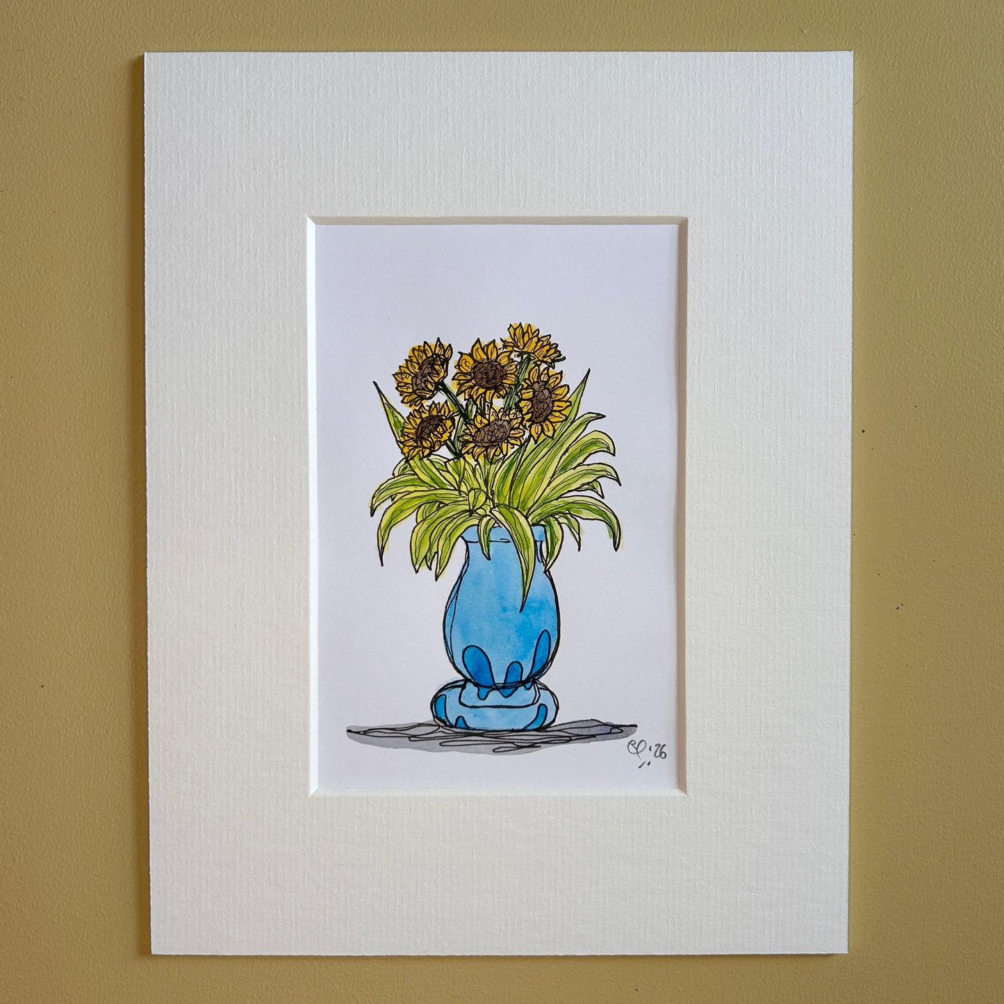 Sunflowers & Stripy Leaves #2 | A6 mini painting