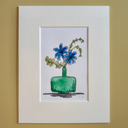 Blue Flowers in a Turquoise Vase | A6 mini painting