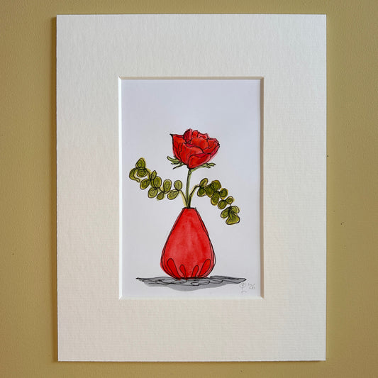 Rose in a Red Vase | A6 mini painting