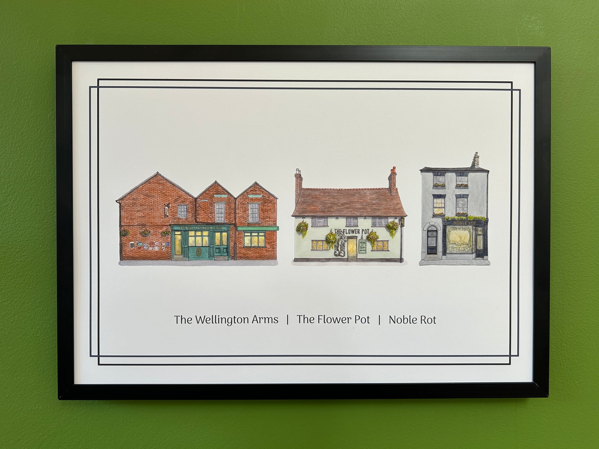 A4 Pub Crawl print of The Wellington Arms, The Flower Pot and Noble Rot pubs, Bedford