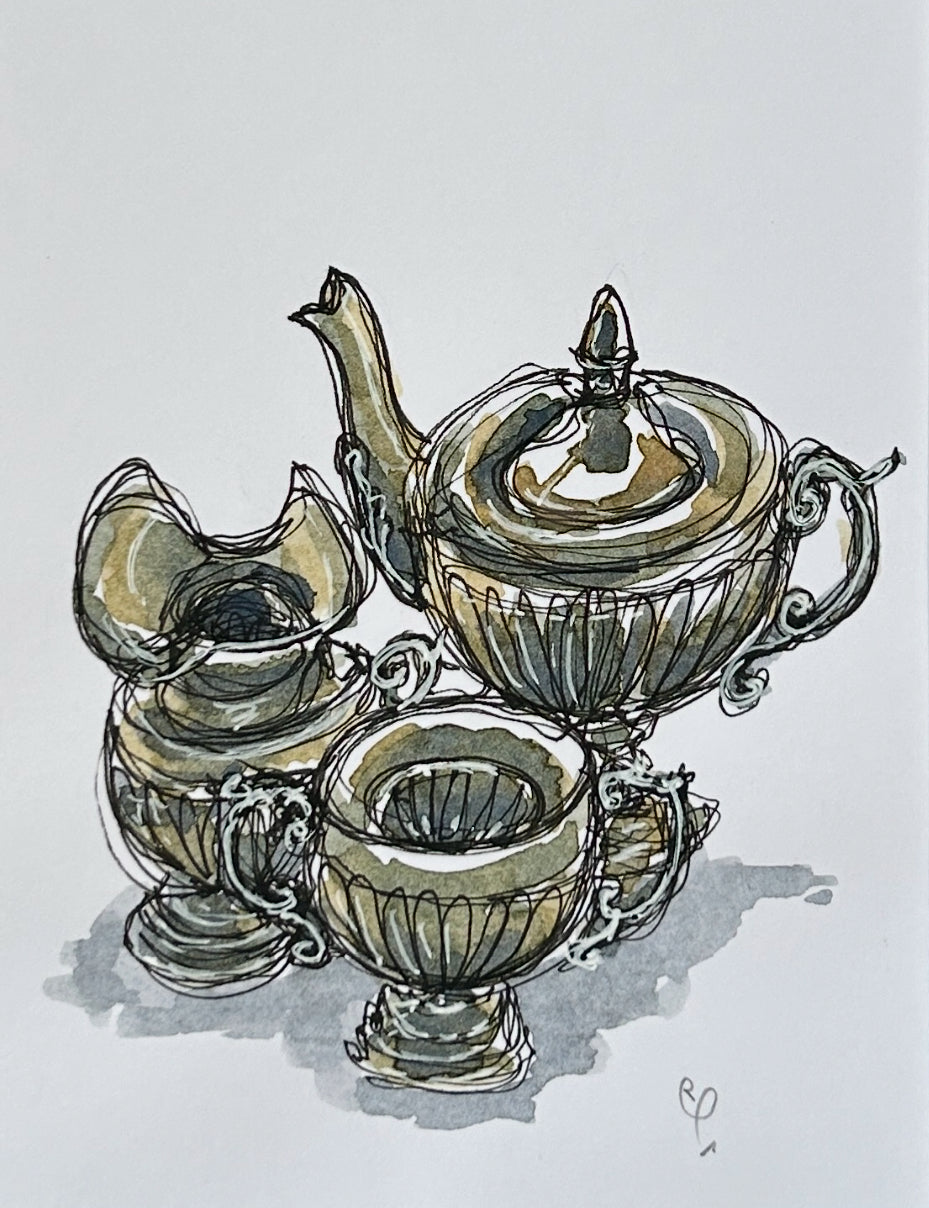 An A6 (postcard sized) watercolour and ink pen single line illustration of a set of vintage holloware.