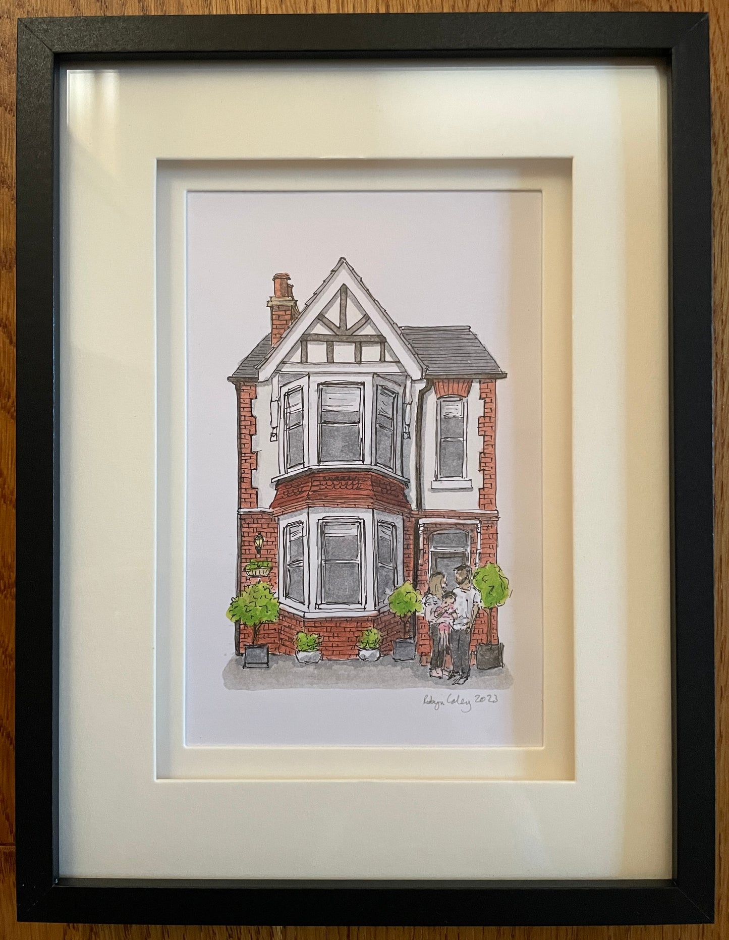 A6 mini original watercolour and ink pen illustration of a lovely Bedford home featuring the family who own it